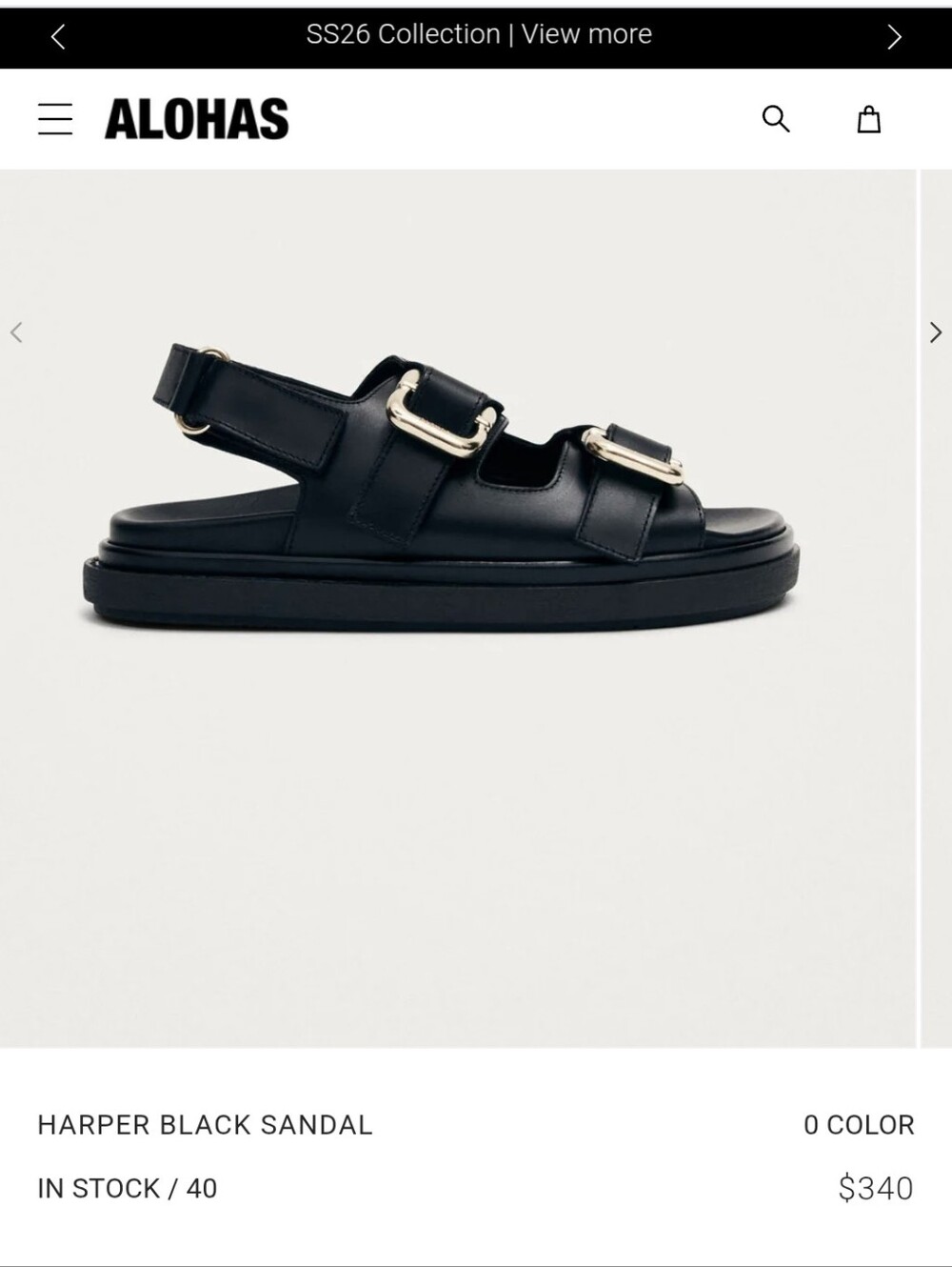 Alohas Harper Black Leather Sandals 39 8.5